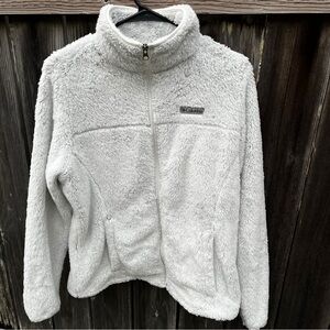 Columbia Cozy Zip Up Jacket Sweater White Fleece Fuzzy Pockets Outdoor Womens L